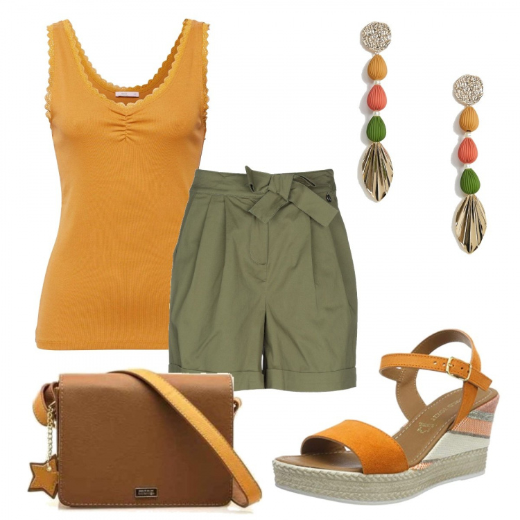 Outfit donna - Total look #307194. Stile Trendy per Tutti i giorni. Abbinamento con shorts con fiocco vita alta con zip tinta unita, borsa a tracolla, vestaglia, sandali, orecchini oro.