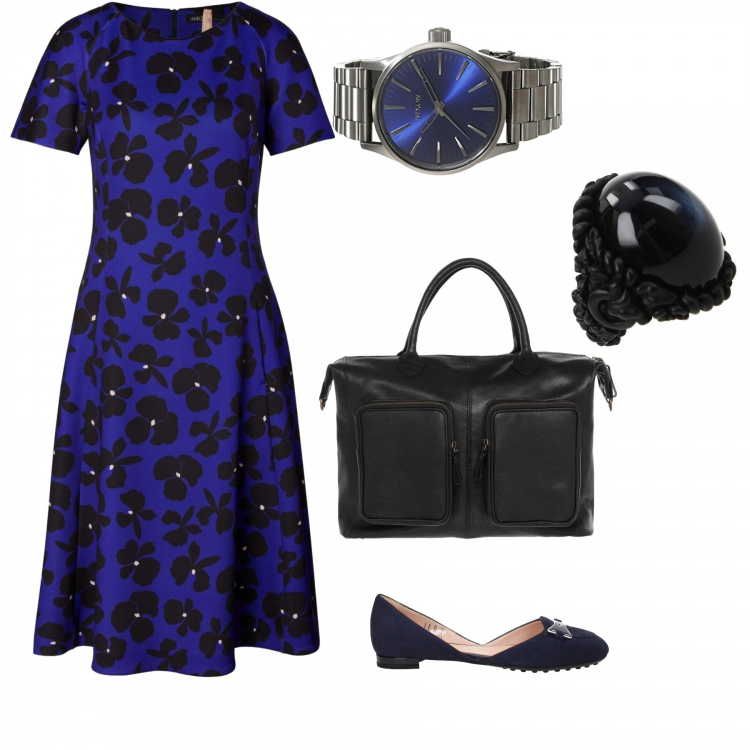 Outfit donna - Riunione in centro. Stile Urban per Ufficio. Abbinamento con borsa da lavoro taglia media doppio manico interno foderato tinta unita, ballerine, anello, vestito, orologi.