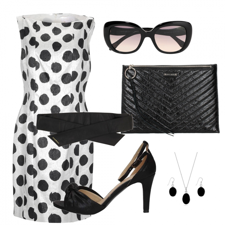 Outfit donna - Abito a pois in offerta. Stile Bon Ton per Tutti i giorni. Abbinamento con vestito corto, occhiali da sole lenti sfumate tinta unita, pochette, sandali nero, cintura nero, collana argento.