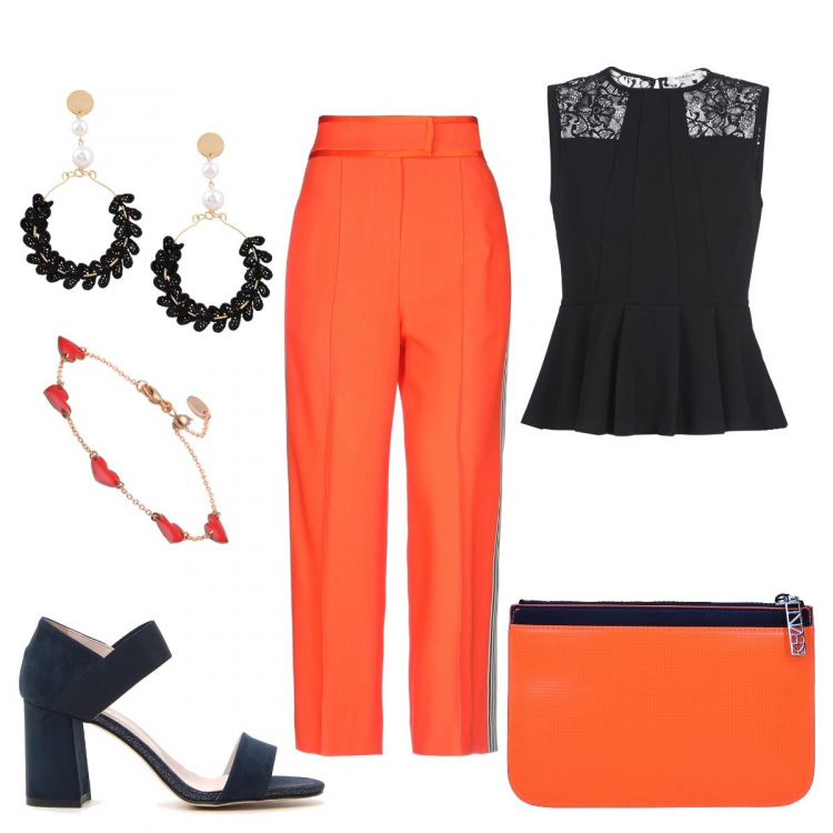 Outfit donna - Per una cena importante. Stile Trendy per Serata fuori. look ideale per Petite. Abbinamento con pantalone con bande laterali effetto acetato vita alta con zip tinta unita, bracciale argento, orecchini, pochette con logo frontale arancione, camicie, sandali col tacco.