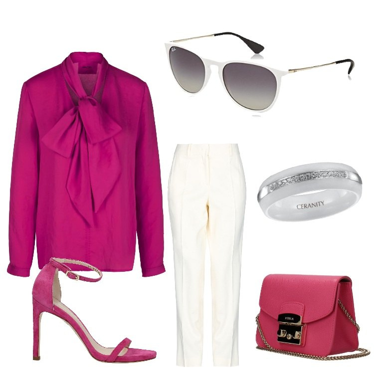 Outfit donna - Fiocco fucsia. Stile Chic per Serata fuori. Abbinamento con pantalone a sigaretta con zip tinta unita, borse a spalla, sandali, blusa multicolore e rosa, anello, montatura occhiali unisex-adulto bianco e rosso.