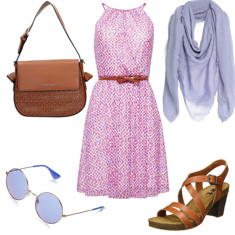 Outfit donna - Offerta d agosto. Stile Trendy per Tutti i giorni. Abbinamento con foulard con frange jacquard, borsa a tracolla marrone, vestito, sandali con tacco, occhiali da sole viola.
