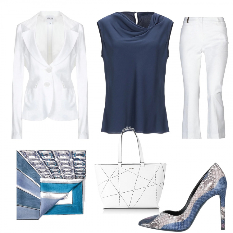 Outfit donna - Professional woman. Stile Trendy per Ufficio. look ideale per Tall. Abbinamento con pantaloni, top con drappeggio scollatura interno semi-foderato in raso tinta unita, giacca con spacco posteriore a maniche lunghe interno sfoderato in lino tinta unita, décolleté con stampa a punta, borsa tote, sciarpa blu.