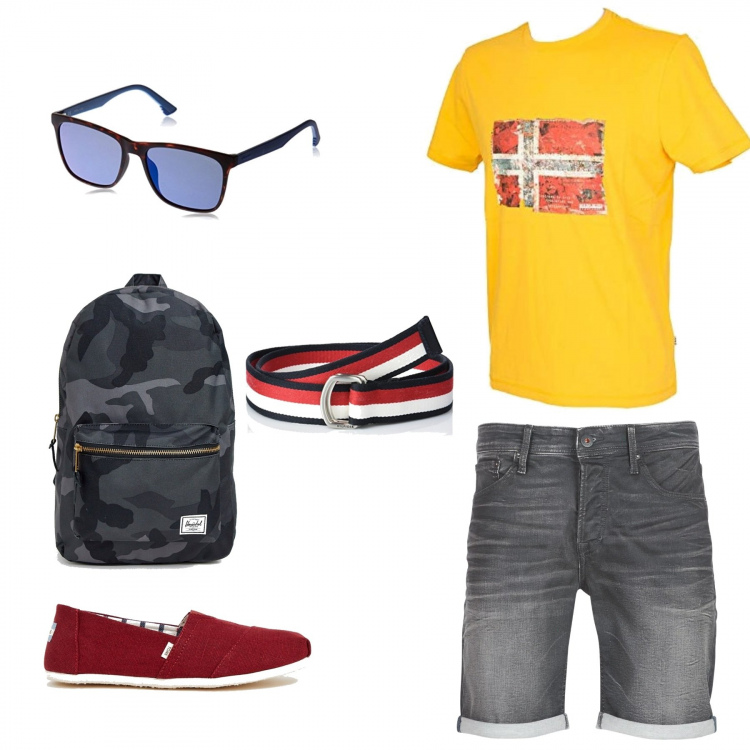 Outfit uomo - Casual #2411. Stile Casual per Tutti i giorni. Abbinamento con pantalone grigio, t-shirt girocollo a maniche corte giallo, espadrillas effetto zigrinato elasticizzato bordeaux, zaino con manico e zip con bretelle, cintura, occhiali da sole multicolore.