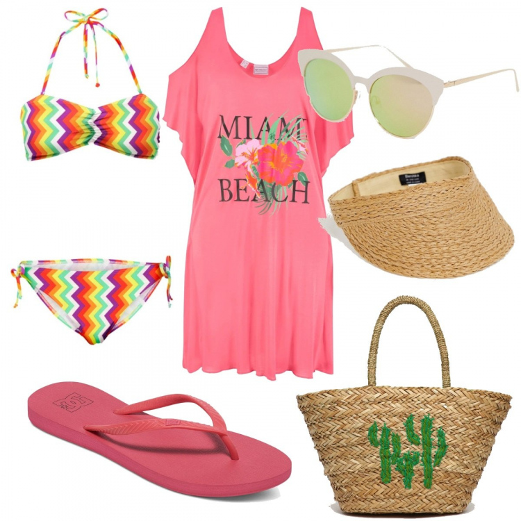 Outfit donna - Tutto x la spiaggia. Stile Basic per Mare. Abbinamento con bikini con fasce, copricostume con scollo fucsia, infradito rosa, berretto con visiera taglia media in rafia beige, borsa a tracolla in paglia, occhiali da sole a gatto stanghette sottili in denim protezione dai raggi rosa e oro.