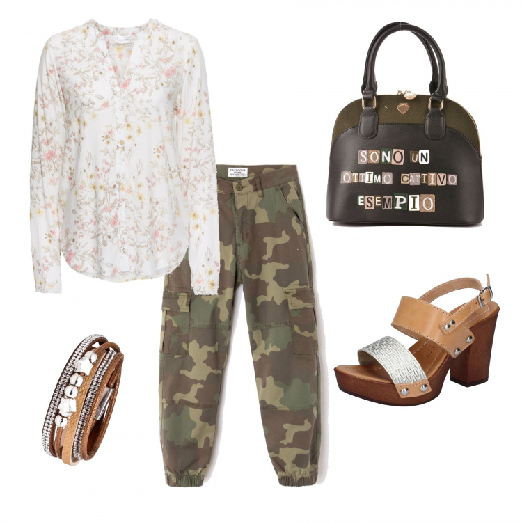 Outfit donna - City Camouflage. Stile Urban per Tutti i giorni. Abbinamento con camicie, bracciale con perle marrone, pantalone cargo stile militare vita alta verde, borsetta nero, sandali.