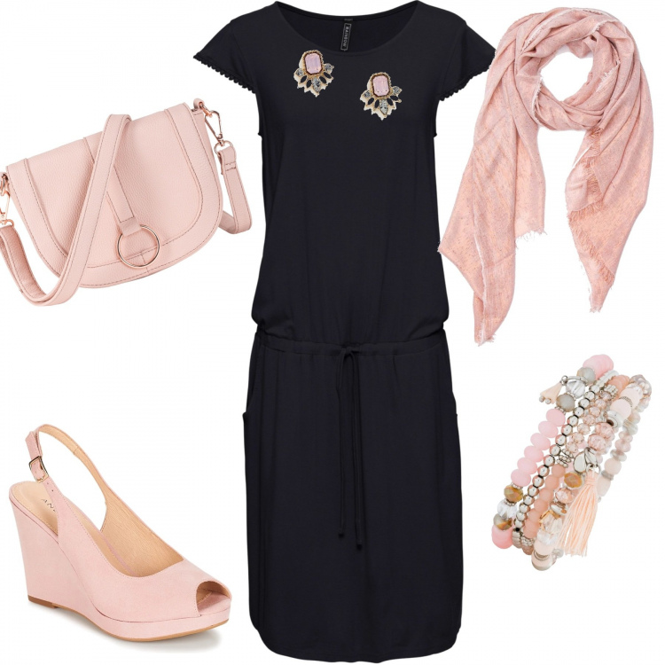 Outfit donna - Basic #12322. Stile Basic per Tutti i giorni. Abbinamento con vestiti midi/longuette, braccialetti, borsa a tracolla con anello oro e rosa, sandali, stola, orecchini a bottone petite farfalla oro.