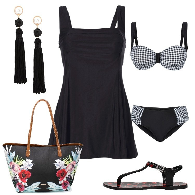 Outfit donna - Quadretti e fiori da spiaggia. Stile Basic per Mare. Abbinamento con vestiti da spiaggia, bikini, orecchini con strass e farfallina con nappine, infradito nero, shopping bag nero.