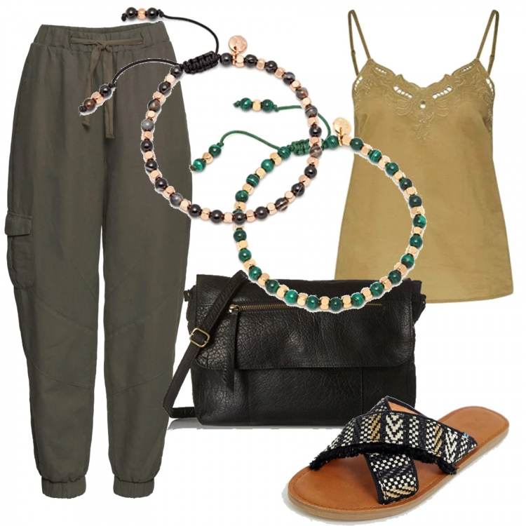 Outfit donna - Tessuti comodi. Stile Etnico per Tutti i giorni. Abbinamento con pantaloni, top, body in pelle, braccialetti, sabot, braccialetto in ottone rosa e beige.