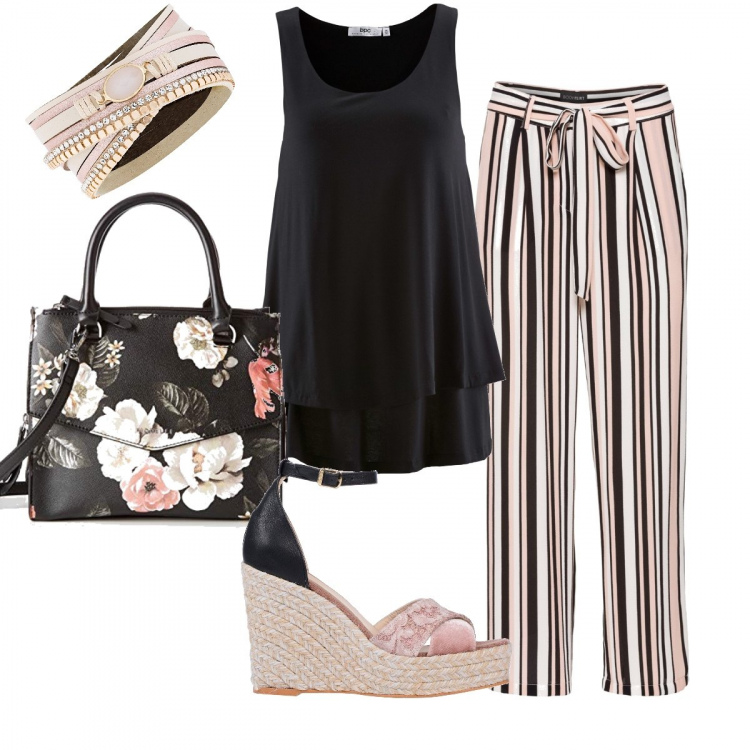 Outfit donna - Righe e fiori. Stile Basic per Tutti i giorni. Abbinamento con sandali col tacco, top, pantaloni capri, braccialetti, borsa messenger multicolore e nero.