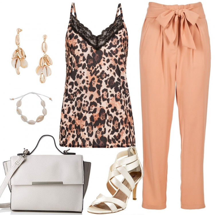 Outfit donna - Romantica e graffiante. Stile Trendy per Serata fuori. Abbinamento con vestiti, orecchini, pantalone rosa, sandali, borsa a tracolla in denim bianco.
