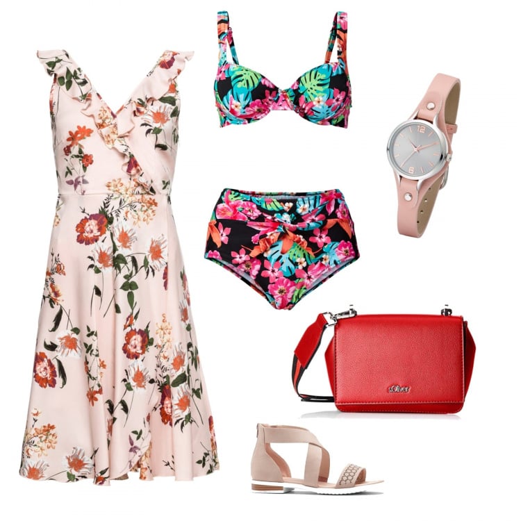 Outfit donna - Total look #307944. per Mare. Abbinamento con vestiti, bikini con ferretto fantasia floreale con spalline a clip, sandali con zip rosa, orologio rosa, borsa a tracolla.