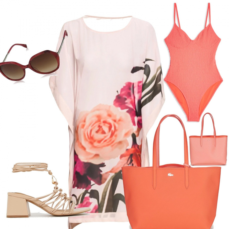 Outfit donna - Shopping al mare. Stile Chic per Tutti i giorni. Abbinamento con tunica con stampa rosa, costume intero interno foderato jersey, shopping bag arancione, sandali con anello e tacco largo collo aperto in denim con nodi, occhiali da sole rosso.