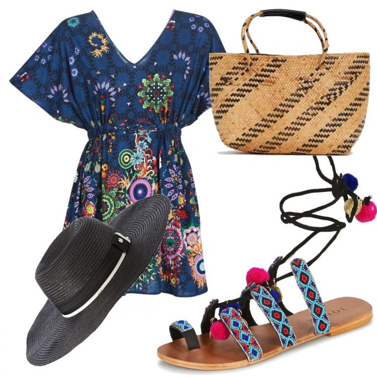 Outfit donna - Sandali a colori. Stile Etnico per Mare. Abbinamento con vestito corto blu, sandali, vestito lungo in paglia, cappelli.