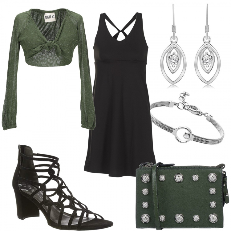 Outfit donna - Serata. Stile Trendy per Serata fuori. Abbinamento con borsa a tracolla mini con stampa e zip interno foderato tinta unita, cardigans, vestito corto nero, sandali alla schiava, braccialetti, orecchini pendenti con zirconia in sterling 925 ipoallergenico argento e bianco.