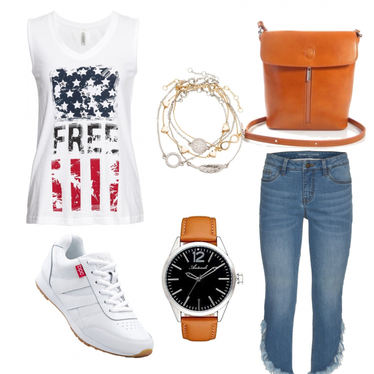 Outfit donna - Passeggiata in città. Stile Basic per Tutti i giorni. Abbinamento con sneakers, braccialetti con ciondoli, orecchini, top, borsa a tracolla arancione, orologi analogici.