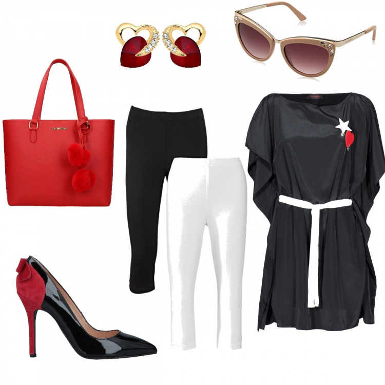 Outfit donna - Bella anche Curvy ️. Stile Sexy per Tutti i giorni. Abbinamento con leggings, décolleté con fiocco fantasia effetto vernice con tacco spillo a punta, borsa a spalla rosso, vestito nero, occhiali da sole, orecchini.