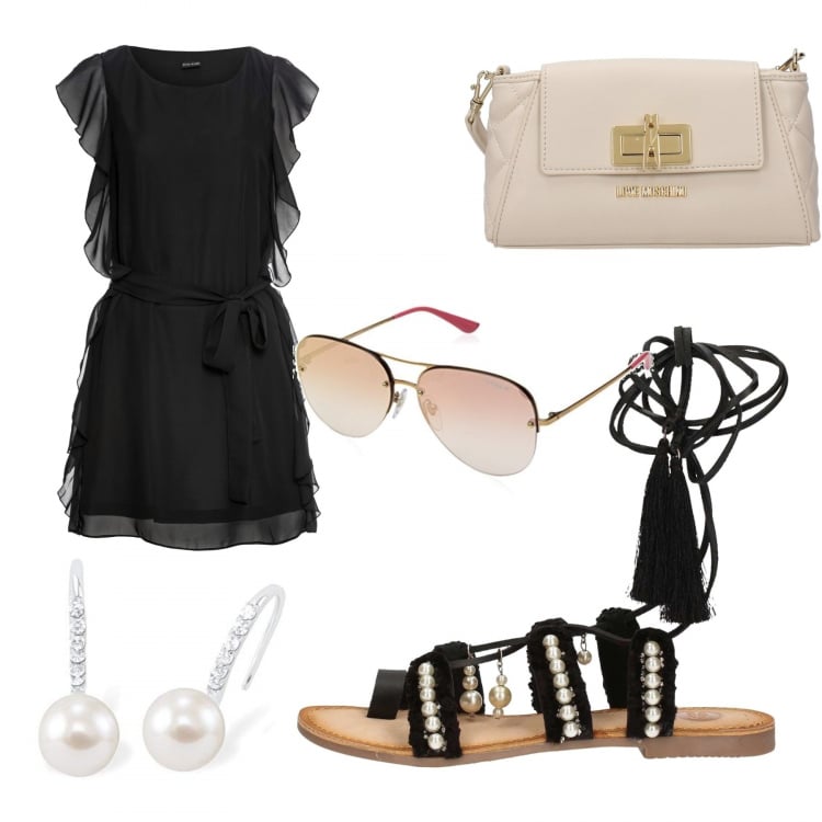 Outfit donna - Aperitivo estivo. Stile Chic per Serata fuori. Abbinamento con sciarpe, borsa a tracolla con logo frontale beige, sandali nero, orecchini a pendolo argento, occhiali da sole oro e rosa.