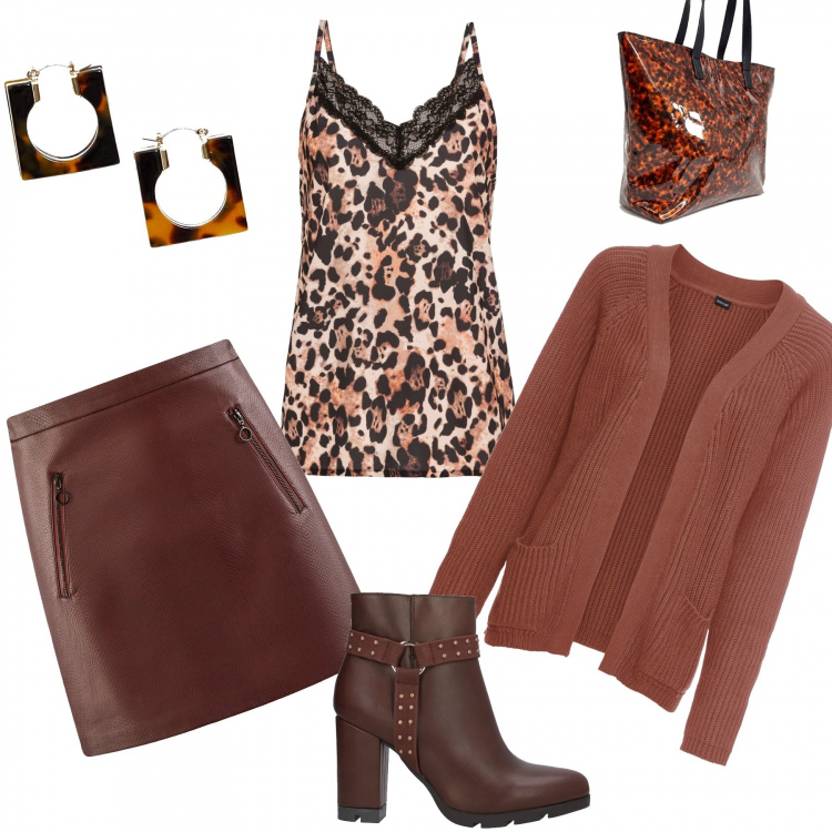 Outfit donna - Pieno autunno. Stile Trendy per Ufficio. Abbinamento con stivaletti shantung con tacco squadrato e zip con punta tonda tinta unita, vestiti, cardigan oversize con tasche marrone, gonna mini vita alta con zip in ecopelle aderente marrone, orecchini a scatto in denim oro, ciondolo maxi.
