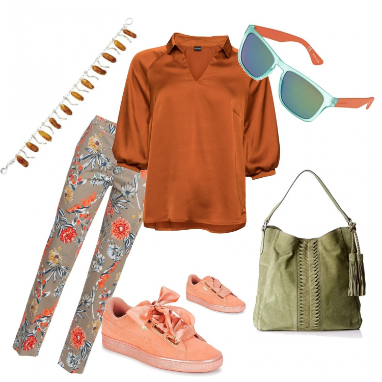 Outfit donna - Basic #12481. Stile Basic per Ufficio. Abbinamento con pantaloni, giacche, sneakers, shopping bag effetto scamosciato verde, braccialetto forma ovale argento, occhiali da sole verde e arancione.
