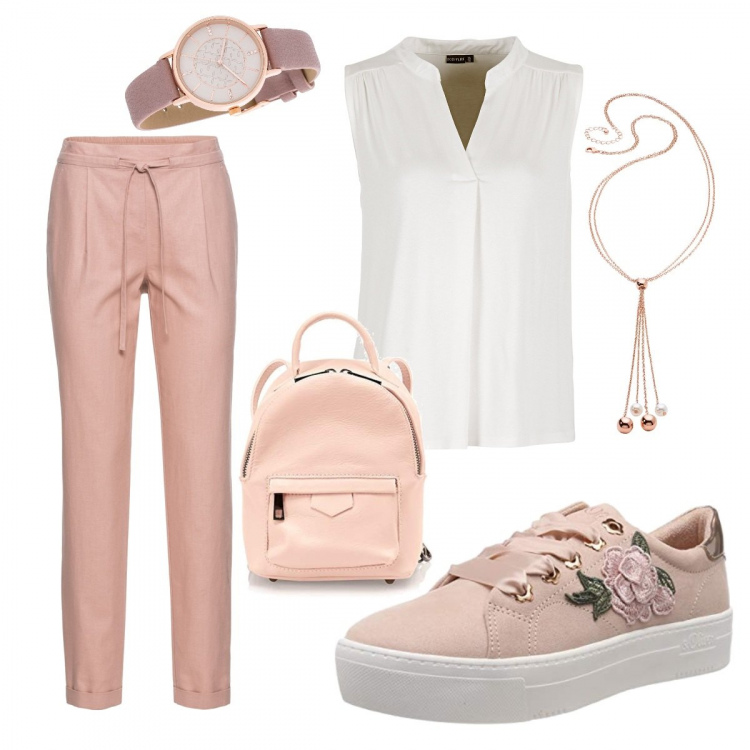 Outfit donna - Comoda in ufficio #curvystyle. Stile Basic per Ufficio. Abbinamento con pantaloni, top con drappeggio e arricciature collo coreana bianco, orologio in oro rosa beige, collana lunga con sfere oro, scarpe da ginnastica rosa, zaini.