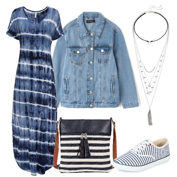 Outfit donna - Abito lungo casual. Stile Basic per Tutti i giorni. Abbinamento con vestiti lunghi, jeans, collana argento, giacca jeans in denim blu, sneakers.