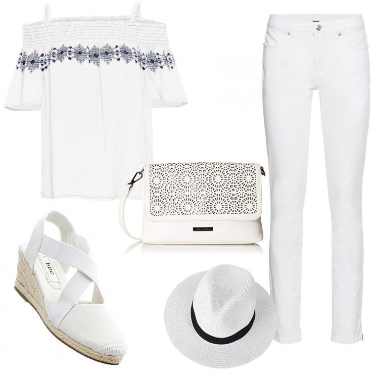 Outfit donna - Total white. Stile Trendy per Tutti i giorni. Abbinamento con jeans skinny, blusa con ricamo e scollo bianco, sandali, borsa a tracolla, cappelli.