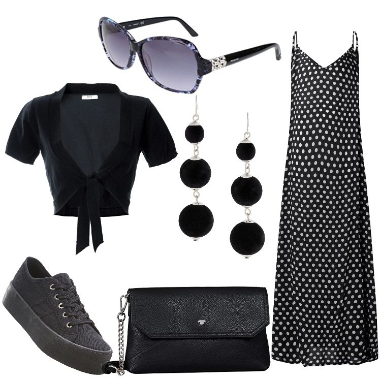 Outfit donna - Petit pois. Stile Trendy per Tutti i giorni. Abbinamento con sneakers, vestiti, orecchini, vestito lungo, occhiali da sole blu, borse a tracolla.
