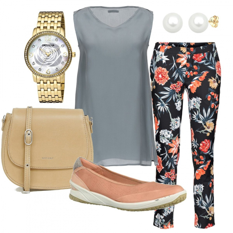 Outfit donna - #curvystyle : colori sobri in ufficio. Stile Bon Ton per Ufficio. Abbinamento con pantaloni, top collo tondo in seta crêpe, ballerine, orecchini, borsa a tracolla, orologi analogici.