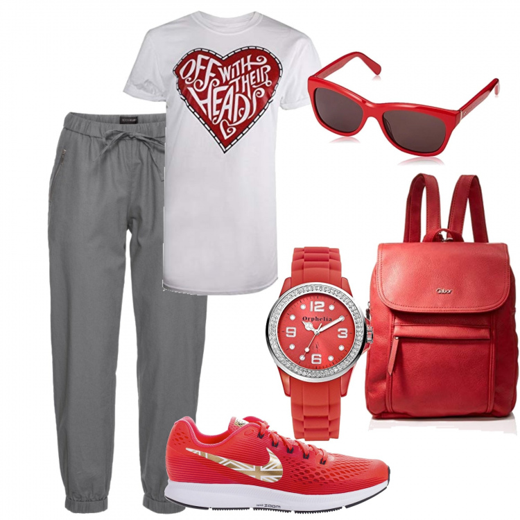 Outfit donna - Snichers da città. Stile Urban per Tutti i giorni. Abbinamento con pantaloni, sneakers running con punta tonda rosso, t-shirt, zaino rosso, occhiali da sole rosso, orologio rosso.