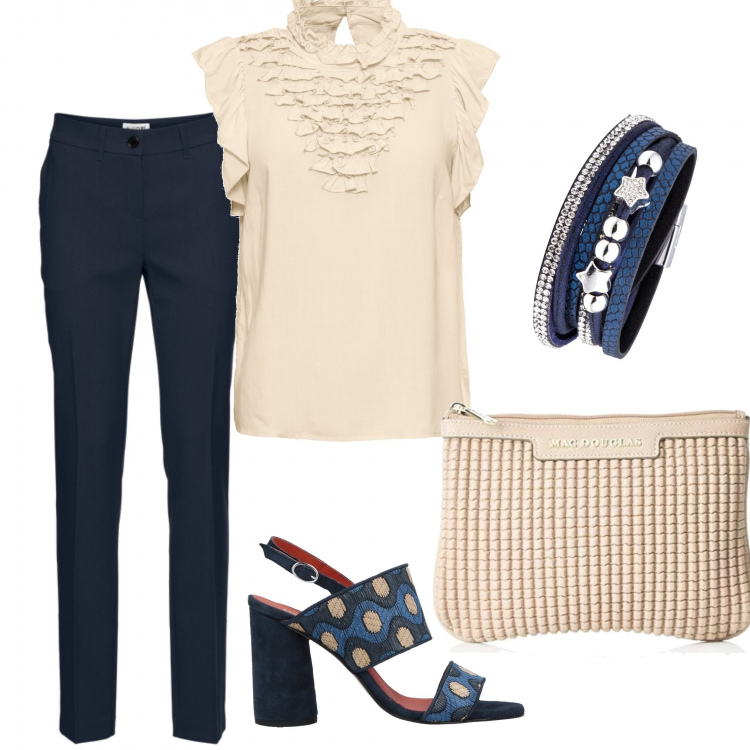 Outfit donna - Low cost trendy. Stile Trendy per Tutti i giorni. Abbinamento con pantaloni, maglieria, braccialetti, sandali fantasia multicolore effetto scamosciato con tacco geometrico e fibbia con punta tonda in rafia, pochette.
