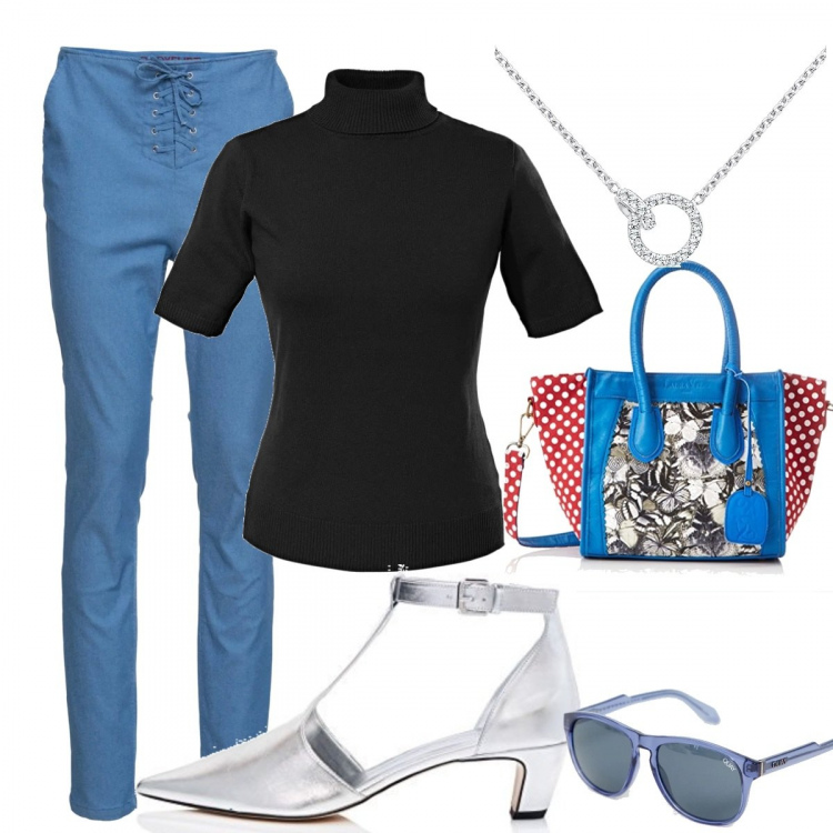 Outfit donna - Pomeriggio in centro. per Tutti i giorni. Abbinamento con maglieria, pantaloni capri, borse a spalla, scarpe col tacco, occhiali da sole sagomati lenti scure stanghette sottili blu, collana.