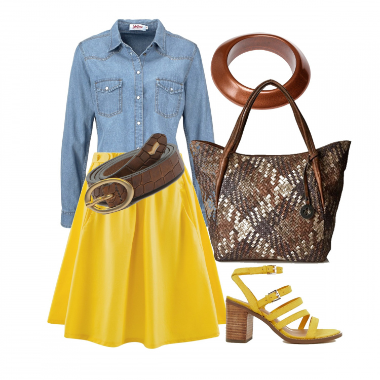 Outfit donna - Ferragosto in Costiera Amalfitana. Stile Trendy per Mare. Abbinamento con camicie, braccialetto, gonna a ruota vita alta con tasche giallo, sandali collo aperto con fibbia in denim, cintura marrone, borsa a secchiello con zip.