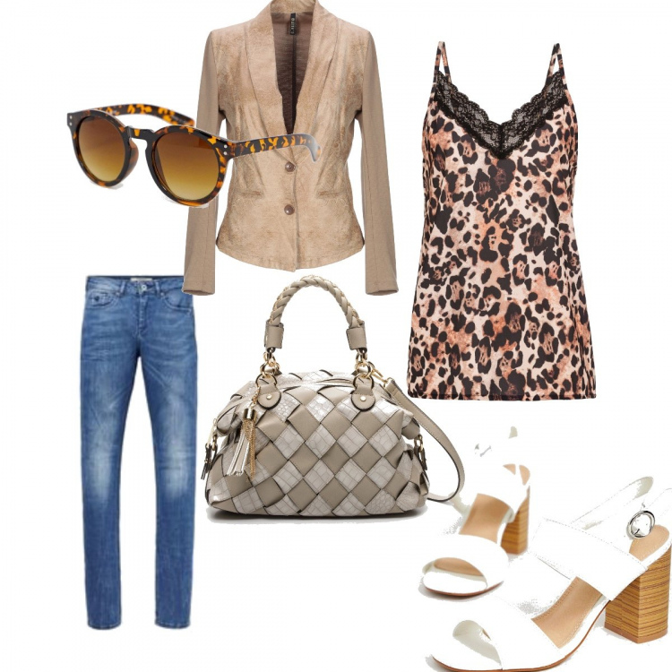Outfit donna - Urban #6327. Stile Urban per Tutti i giorni. Abbinamento con giacca effetto scamosciato collo con revers a maniche lunghe interno sfoderato tinta unita, vestiti, borsa a tracolla a trecce con frange e zip con tracolla regolabile nero e grigio e bianco, sandali collo aperto pianta larga vestibilità ampia, pantaloni skinny con zip in denim 92% cotone blu, occhiali da sole oversize lenti scure stanghette sottili.