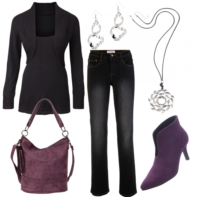 Outfit donna - Bon Prix collection. Stile Basic per Ufficio. Abbinamento con maglieria, stivaletti, pantalone bootcut in denim elasticizzato nero, borse a spalla, collana lunga, borse a tracolla.