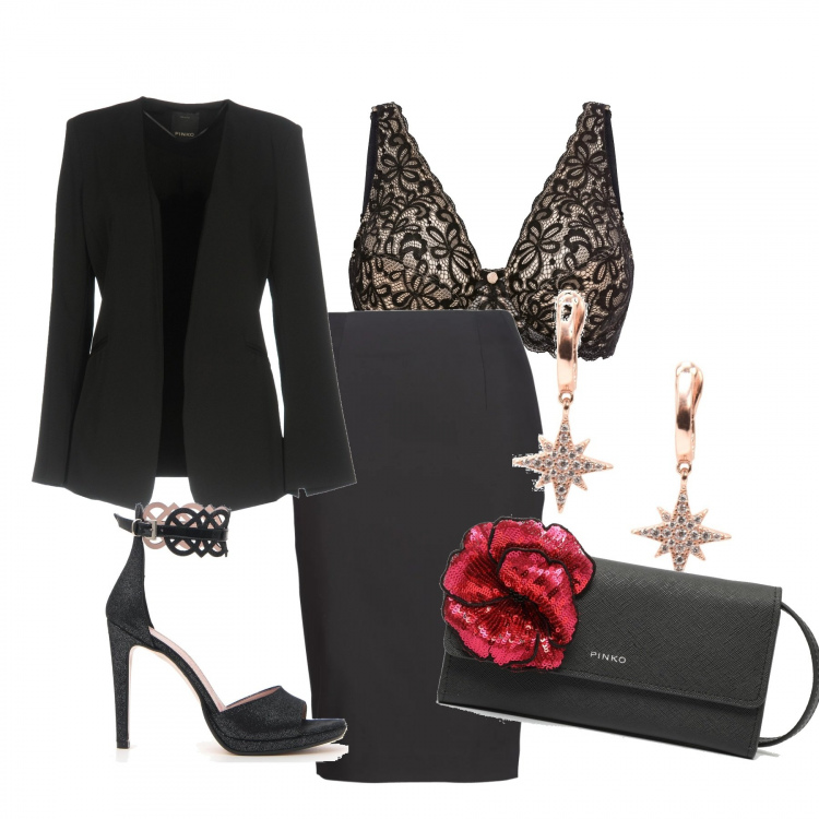 Outfit donna - Serata trasgressiva. Stile Sexy per Serata fuori. Abbinamento con reggiseni, giacca scollatura profonda a maniche lunghe interno foderato crêpe, orecchini a scatto in placcato argento, minigonne, pochette nero, sandali.