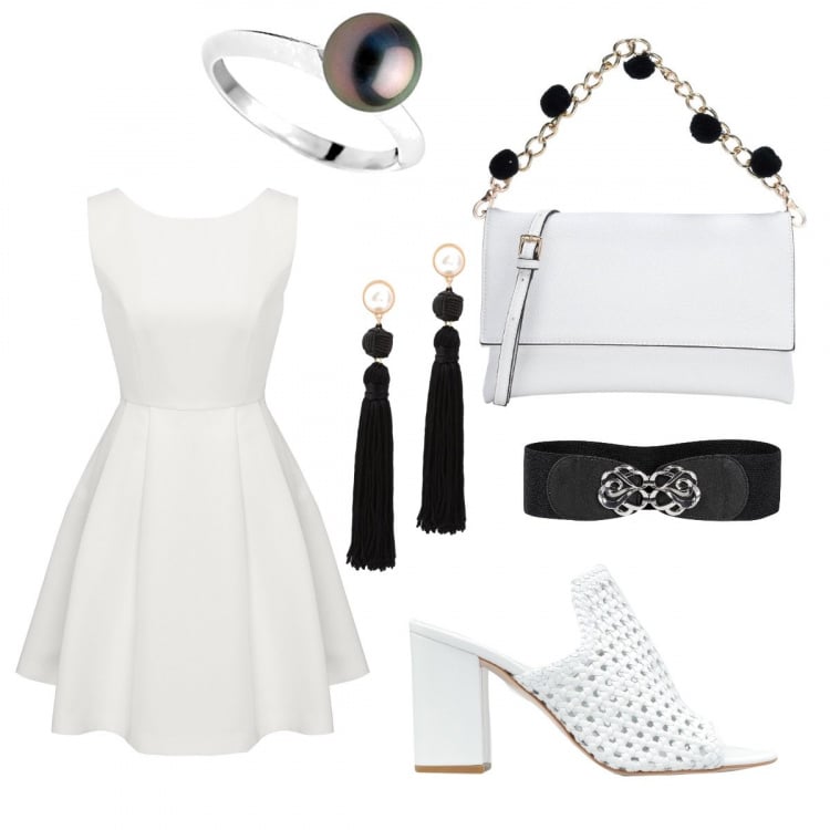 Outfit donna - Total white. Stile Chic per Ufficio. Abbinamento con cinture, sandali col tacco, borsa a mano con manico contrasto taglia media in pelle sintetica tinta unita, orecchini con strass e farfallina con nappine, vestito bianco, anello in argento 925.