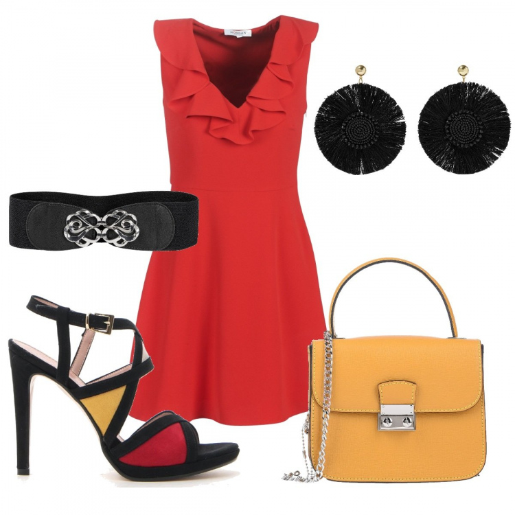 Outfit donna - Trendy #19829. Stile Trendy per Serata fuori. Abbinamento con cinture, borsa a tracolla petit con manico e stampa a scatto tinta unita, orecchini, vestito corto rosso, sandali.