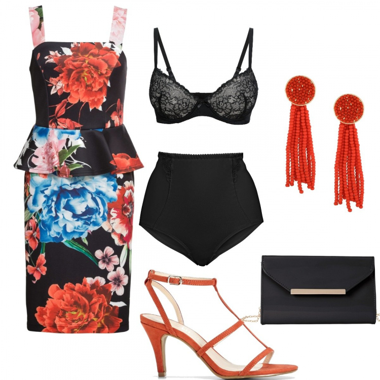 Outfit donna - Bon Prix night. Stile Bon Ton per Serata fuori. Abbinamento con culotte, vestiti, reggiseno, sandali arancione, pochette, orecchini con perline arancione.