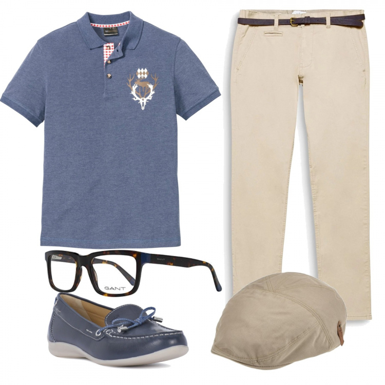 Outfit uomo - Campagna inglese. Stile Casual per Tutti i giorni. Abbinamento con t-shirt e polo con stampa blu, scarpe in denim blu, cappelli, pantaloni, montatura occhiali marrone.