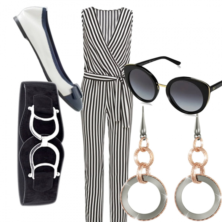 Outfit donna - Curvy style e ballerine. Stile Urban per Ufficio. Abbinamento con cinture, salopette, scarpe flat in pelle blu e multicolore, occhiali da sole nero, orecchini.