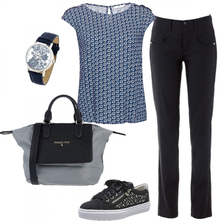Outfit donna - Tutti i giorni. Stile Basic per Tutti i giorni. Abbinamento con pantaloni, costumi interi, borsa a mano mini fantasia con zip in pelle sintetica con tracolla removibile, camicia, sneakers.