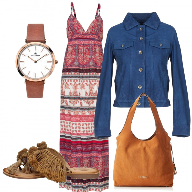 Outfit donna - Abito lungo casual. Stile Etnico per Tutti i giorni. Abbinamento con giubbotto effetto scamosciato collo classico a maniche lunghe interno sfoderato tinta unita, pantaloni, sandali, borsa a secchiello, orologi analogici.