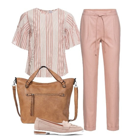 Outfit donna - Look ufficio con Bon Prix. Stile Basic per Ufficio. Abbinamento con pantaloni, bluse, mocassini marrone, borsa a tracolla marrone.