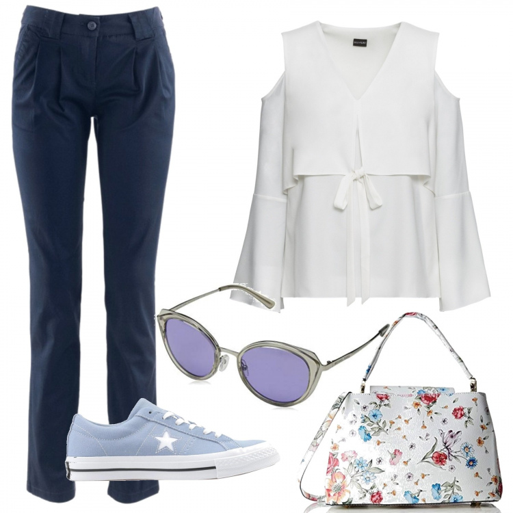 Outfit donna - Monday style: sporty chic in ufficio. Stile Bon Ton per Ufficio. Abbinamento con pantaloni chino, blusa con fiocco e scollo bianco, sneakers, borsa a mano, occhiali da sole grigio.
