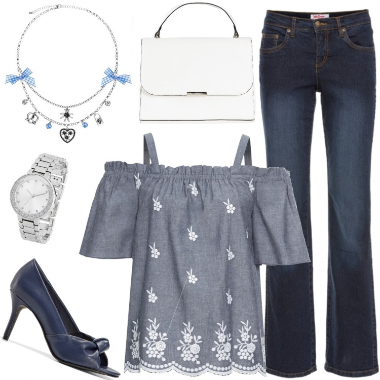 Outfit donna - Pomeriggio di shopping con le amiche. Stile Trendy per Tutti i giorni. Abbinamento con jeans dritti, blusa con ricamo e spalle scoperte blu, décolleté pumps con nodi effetto metallizzato con tacco spillo open toe blu, borsa, collana, orologio con strass argento.