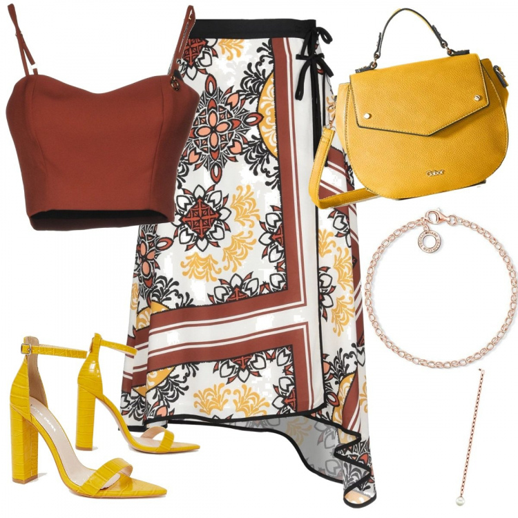 Outfit donna - Sognando Oscar De La Renta. Stile Sexy per Serata fuori. Abbinamento con gonna longuette fantasia con laccetti interno foderato crêpe, top scollatura profonda senza maniche con zip interno foderato in raso tinta unita, bracciale in sterling 925 lunghezza regolabile argento, borsa a tracolla giallo, orecchini, sandali collo aperto.