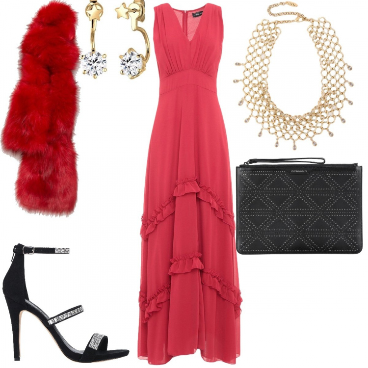 Outfit donna - Brand INSPO#Oscar De La Renta. Stile Chic per Serata fuori. Abbinamento con vestito lungo con ruches collo a v senza maniche con zip interno foderato crêpe, pochette con zip interno foderato in pelle tinta unita, collane, sandali con strass effetto scamosciato con zip e punta tonda tinta unita, sciarpa rosso, orecchini.