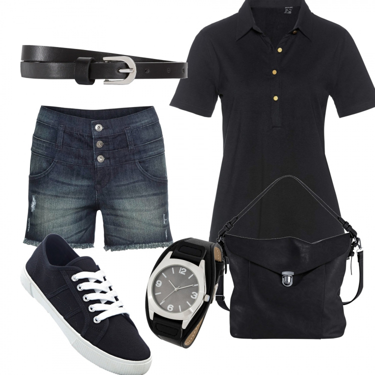 Outfit donna - Solo Bonprix. Stile Basic per Tutti i giorni. Abbinamento con vestiti lunghi, maglietta nero, shorts con frange in denim blu, borse a spalla, cappelli, cinture.