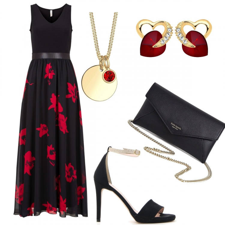 Outfit donna - Oscar De La Renta low cost. Stile Chic per Cerimonia. Abbinamento con vestiti lunghi, sandali, pochette con catena e cinturino nero, orecchini, collane.